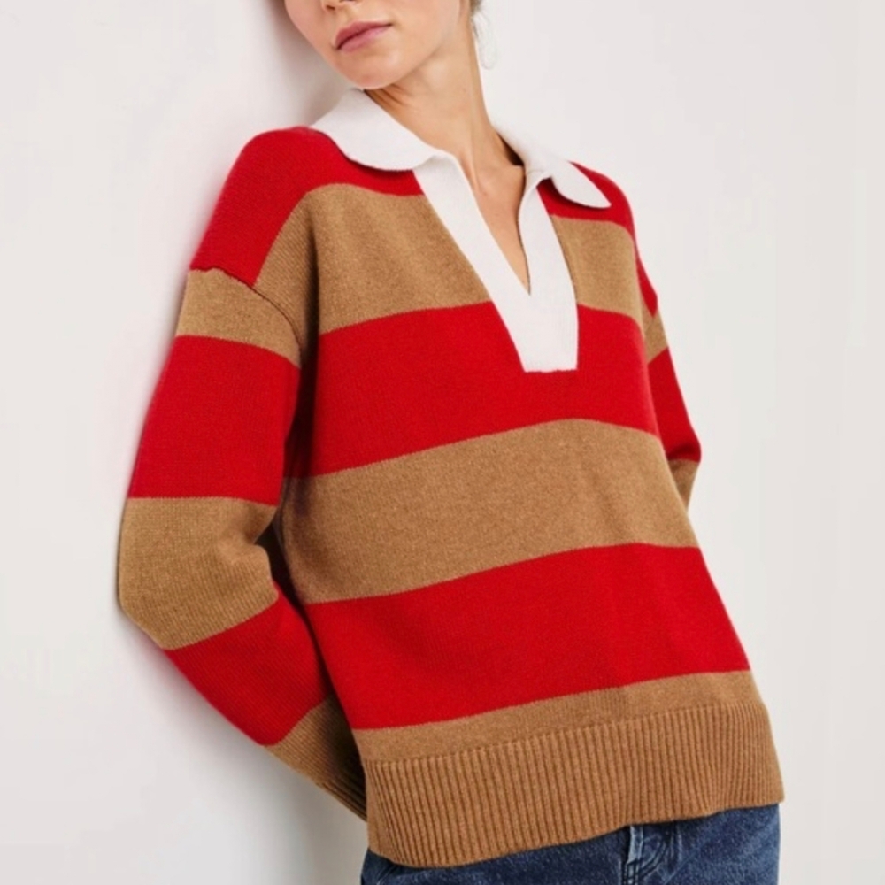 Rails Cherry Camel Striped V-Neck Sweater Sz M